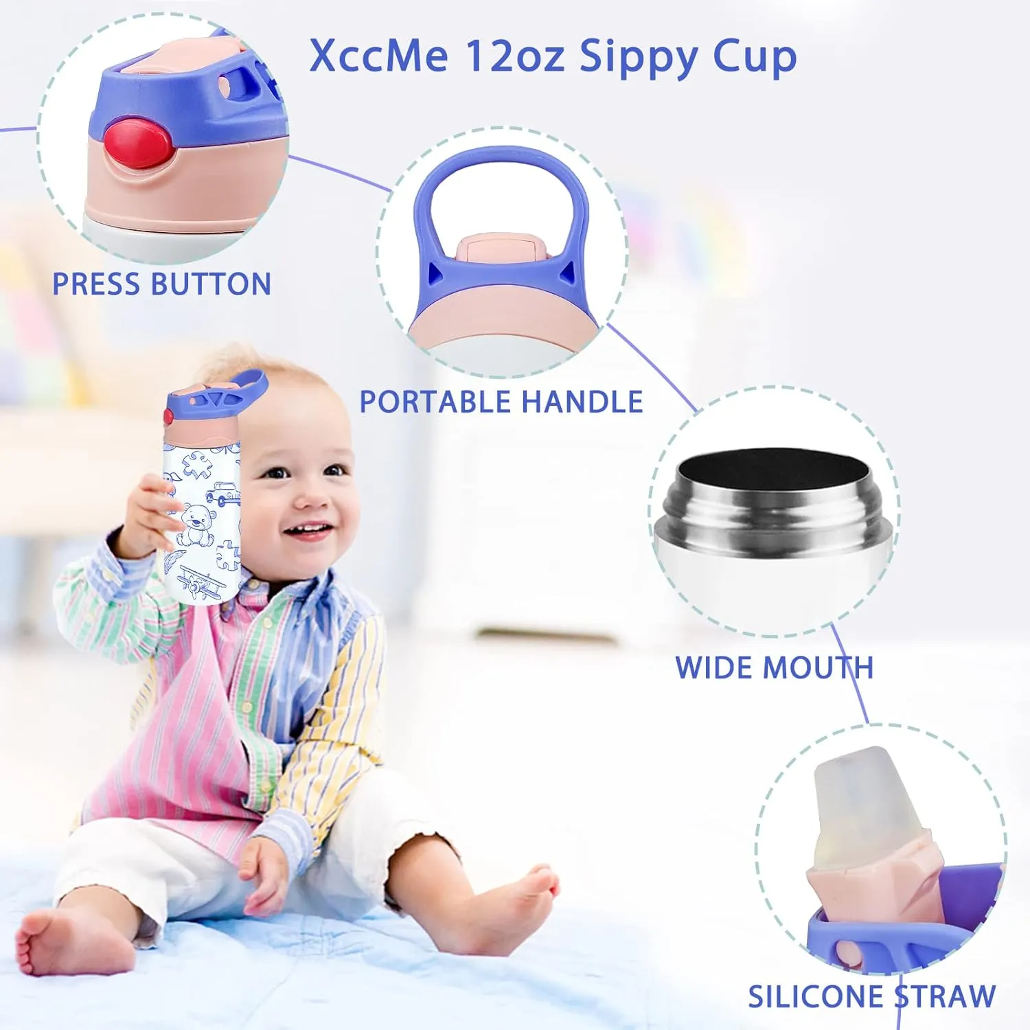 Kids Sublimation Tumbler,8 PACK 12oz Stainless Steel Sublimation Sippy Cup,Double Wall Insulated Kids Tumbler with Handle,Spill Proof lid,Shrink Films,Silicone Bottoms,for Water,Drinks