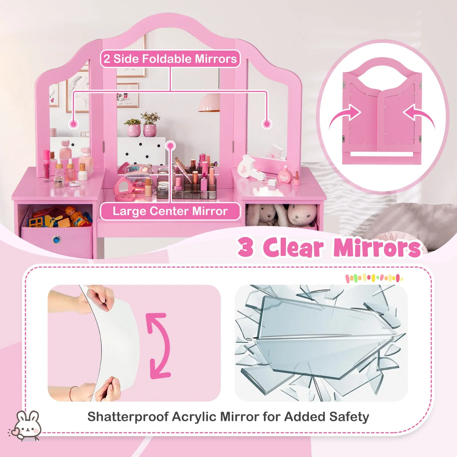 Kids Vanity Table and Chair Set with Removable Mirrors and 4 Storage Bins-Pink