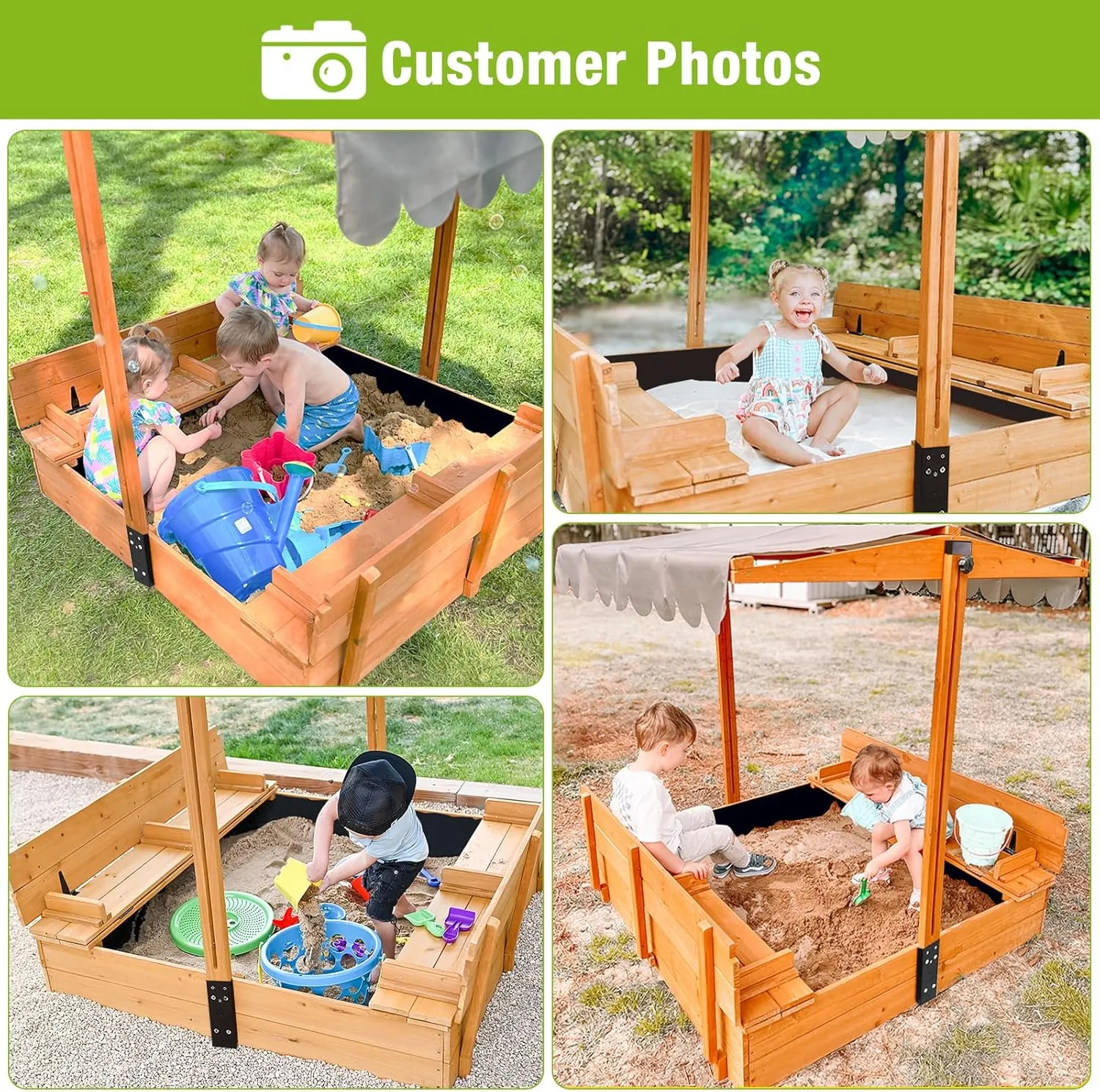 Kids Wooden Outdoor Sandbox w/Canopy, 2 Foldable Bench Seats, Retractable Roof Sand Protection Liner 47x47-Inch