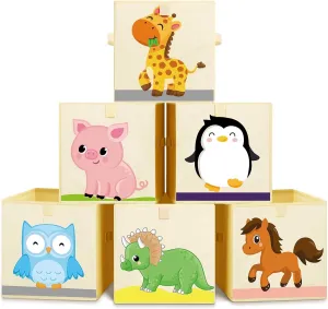 Kigley 6 Pcs Collapsible Cube Storage Bins Kids Foldable Storage Cube Organizer Fabric Toy Box Decorative Kids with Handles for Home Nursery Bedroom, 10.6 x 10.6 Inch(Cute Animal)