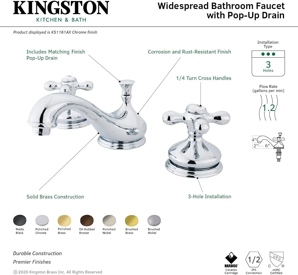 Kingston Brass KS1162AX Heritage Widespread Lavatory Faucet with Metal Cross Handle, Polished Brass,8-Inch Adjustable Center