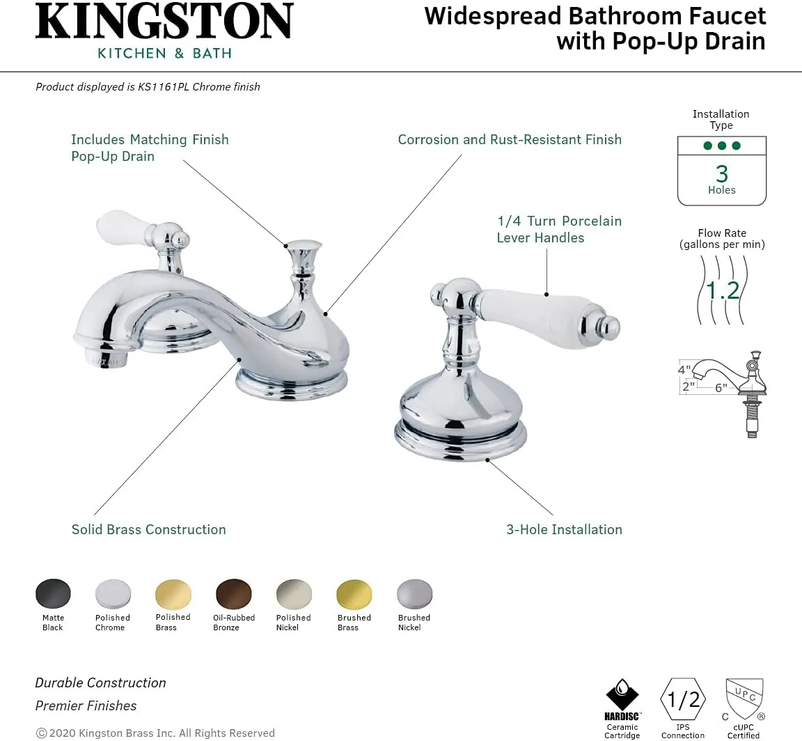 Kingston Brass KS1165PL Heritage Widespread Lavatory Faucet with Porcelain Lever Handle, Oil Rubbed Bronze, 8-Inch Adjustable Center