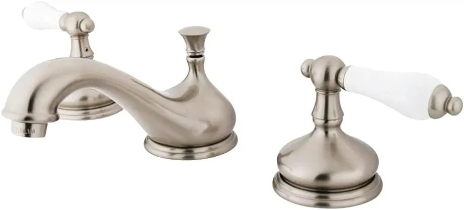 Kingston Brass KS1168PL Heritage Widespread Lavatory Faucet with Porcelain Lever Handle, Brushed Nickel