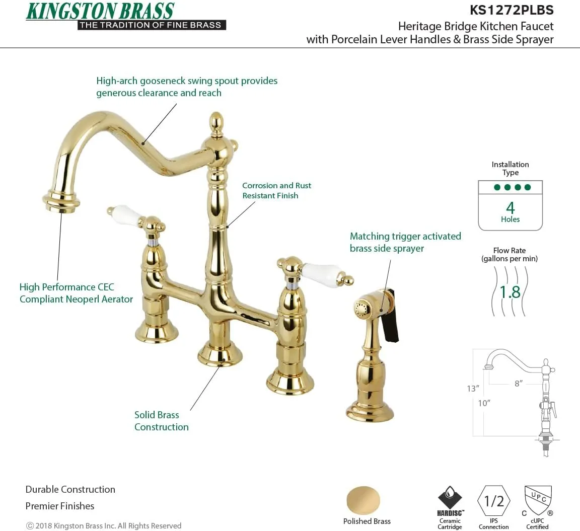 Kingston Brass KS1272PLBS Heritage Kitchen Faucet with Brass Sprayer, 8-3/4-Inch, Polished Brass