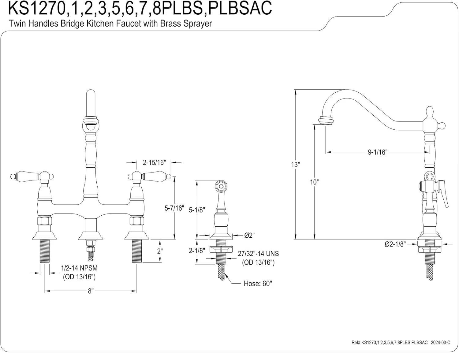 Kingston Brass KS1272PLBS Heritage Kitchen Faucet with Brass Sprayer, 8-3/4-Inch, Polished Brass