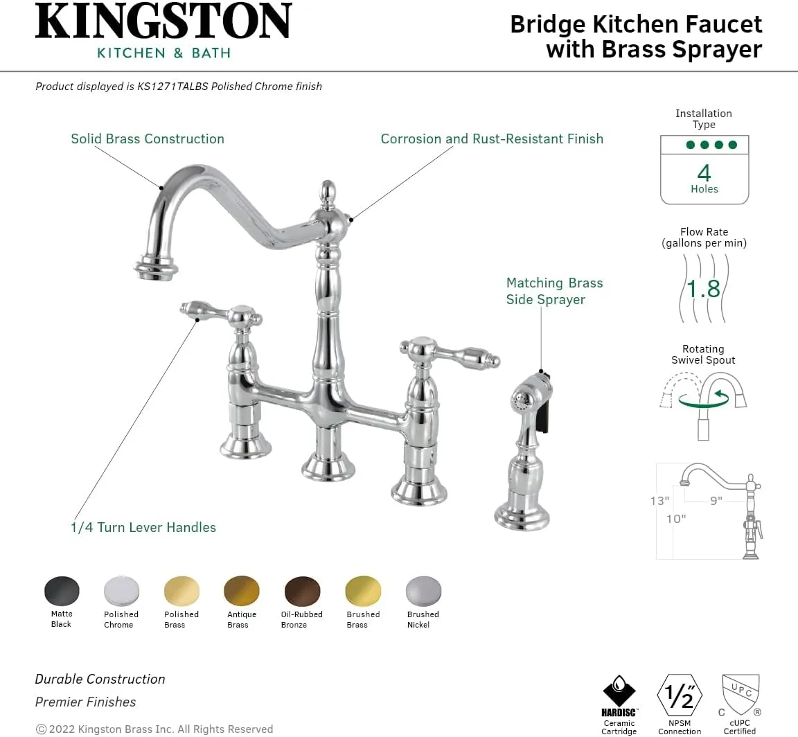 Kingston Brass KS1278TALBS Tudor 8 Inch Center Kitchen Faucet With Brass Sprayer, Brushed Nickel, 8-3/4 inch in Spout Reach, Brushed Nickel