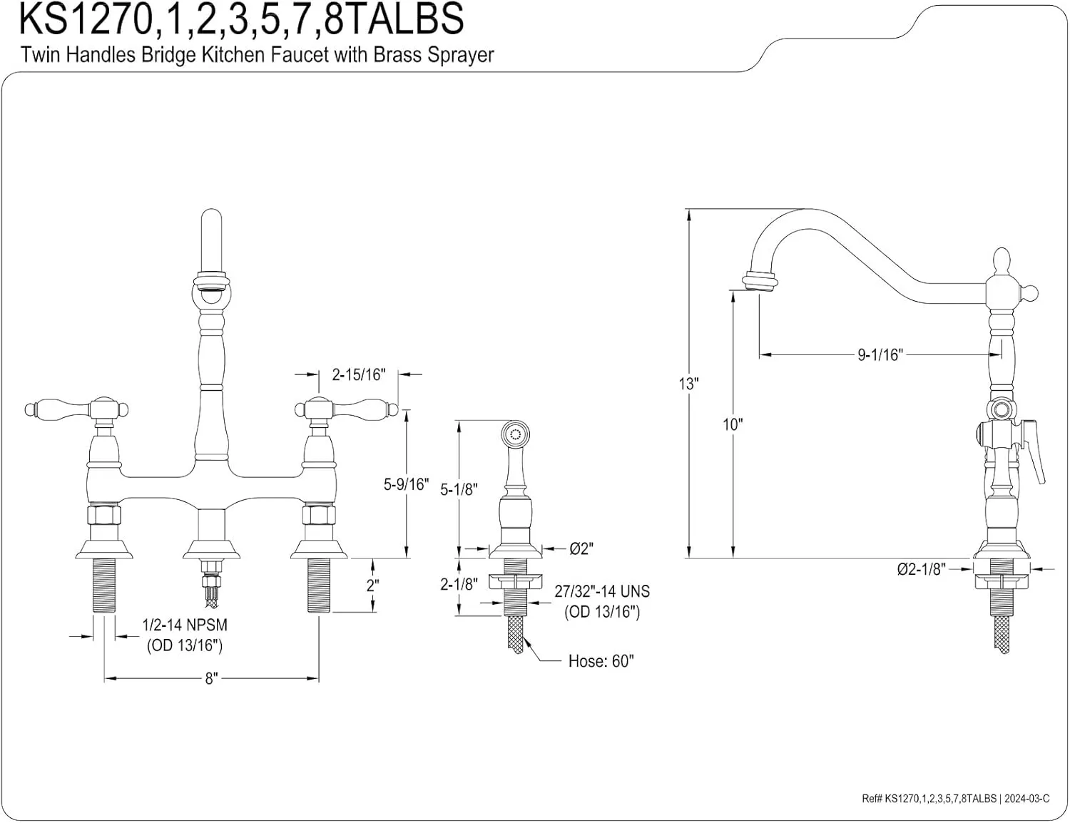 Kingston Brass KS1278TALBS Tudor 8 Inch Center Kitchen Faucet With Brass Sprayer, Brushed Nickel, 8-3/4 inch in Spout Reach, Brushed Nickel