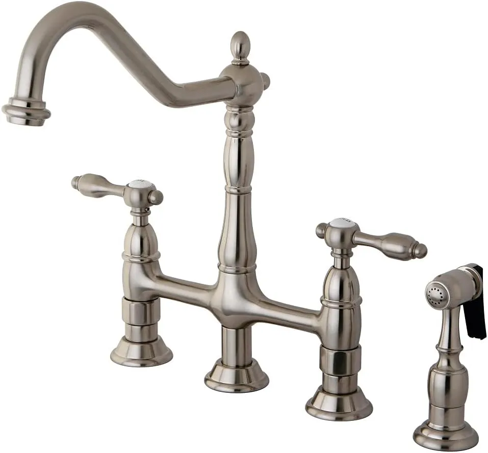 Kingston Brass KS1278TALBS Tudor 8 Inch Center Kitchen Faucet With Brass Sprayer, Brushed Nickel, 8-3/4 inch in Spout Reach, Brushed Nickel