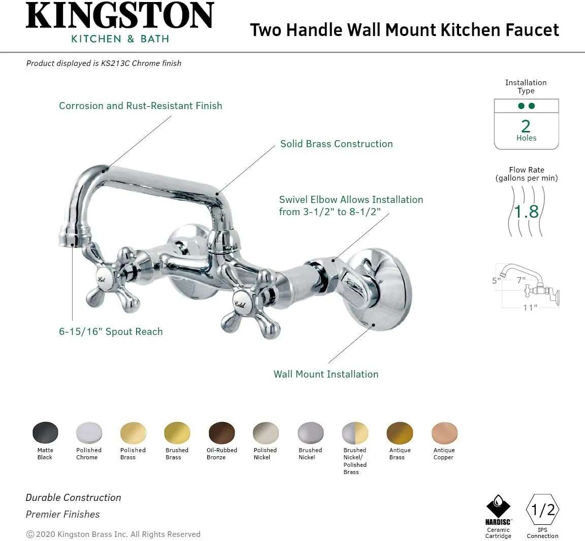 Kingston Brass KS213SNPB Kingston Adjustable Center Wall Mount Kitchen Faucet, 6-15/16 inch in Spout Reach, Nickel