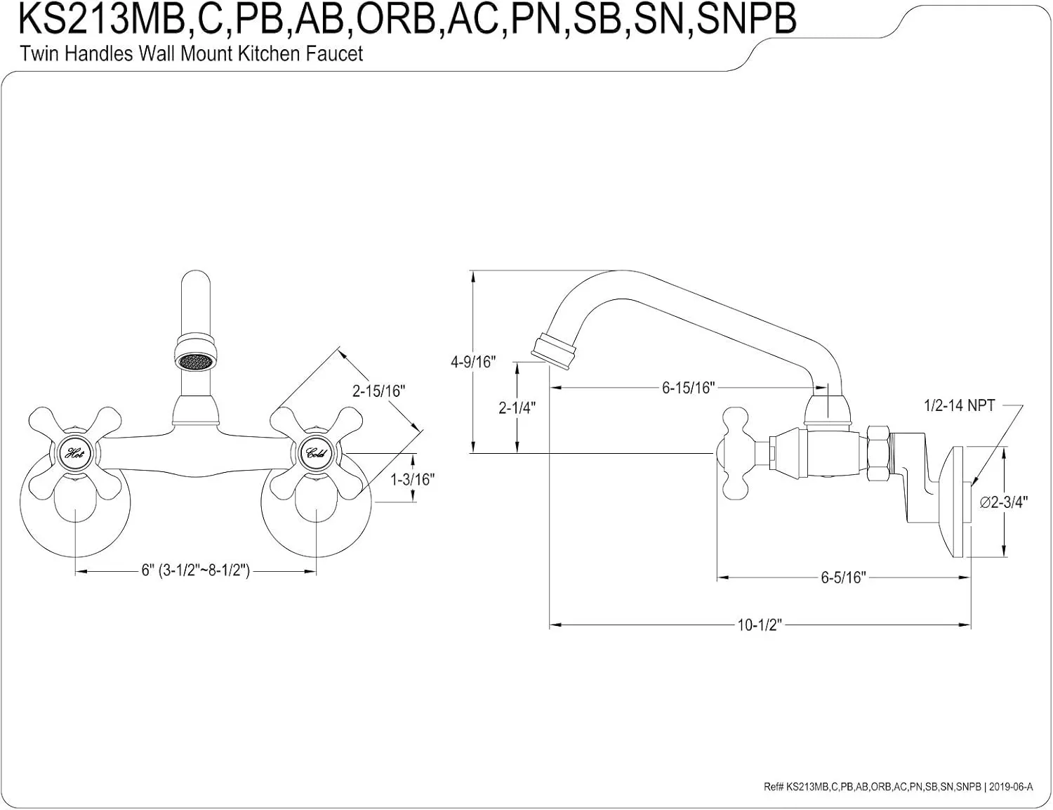 Kingston Brass KS213SNPB Kingston Adjustable Center Wall Mount Kitchen Faucet, 6-15/16 inch in Spout Reach, Nickel