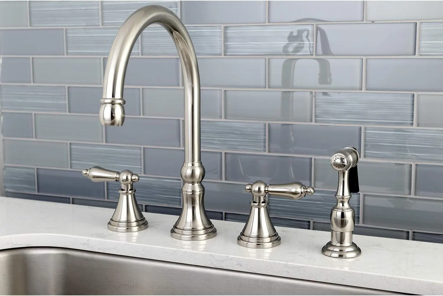 Kingston Brass KS2798ALBS Governor Deck Mount Kitchen Faucet with Brass Sprayer, 8-1/4-Inch, Brushed Nickel