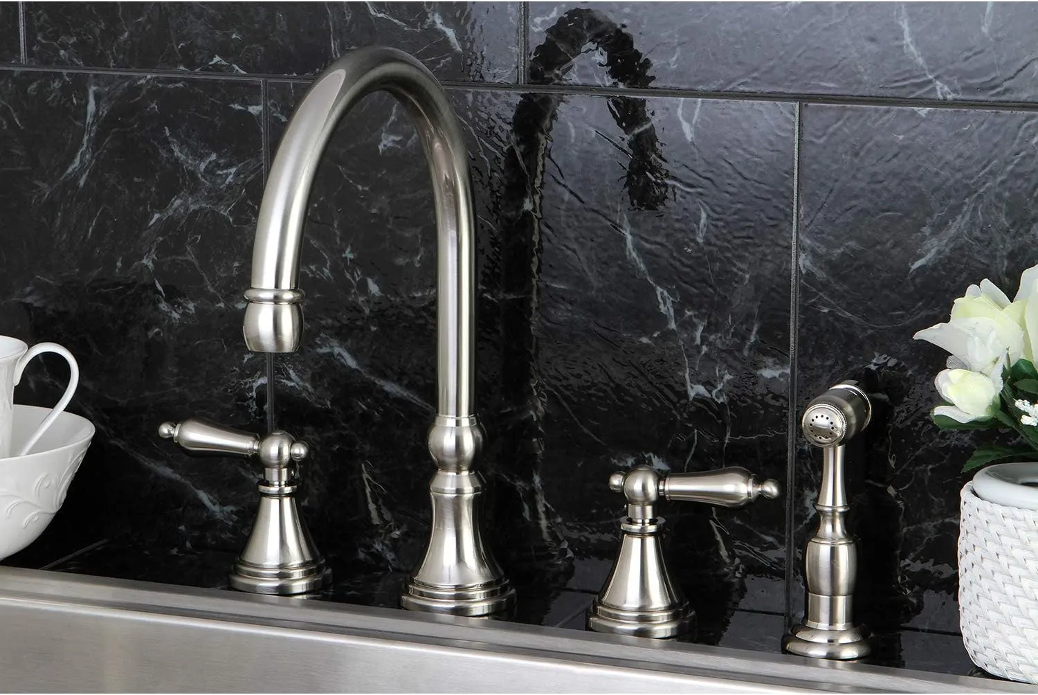 Kingston Brass KS2798ALBS Governor Deck Mount Kitchen Faucet with Brass Sprayer, 8-1/4-Inch, Brushed Nickel