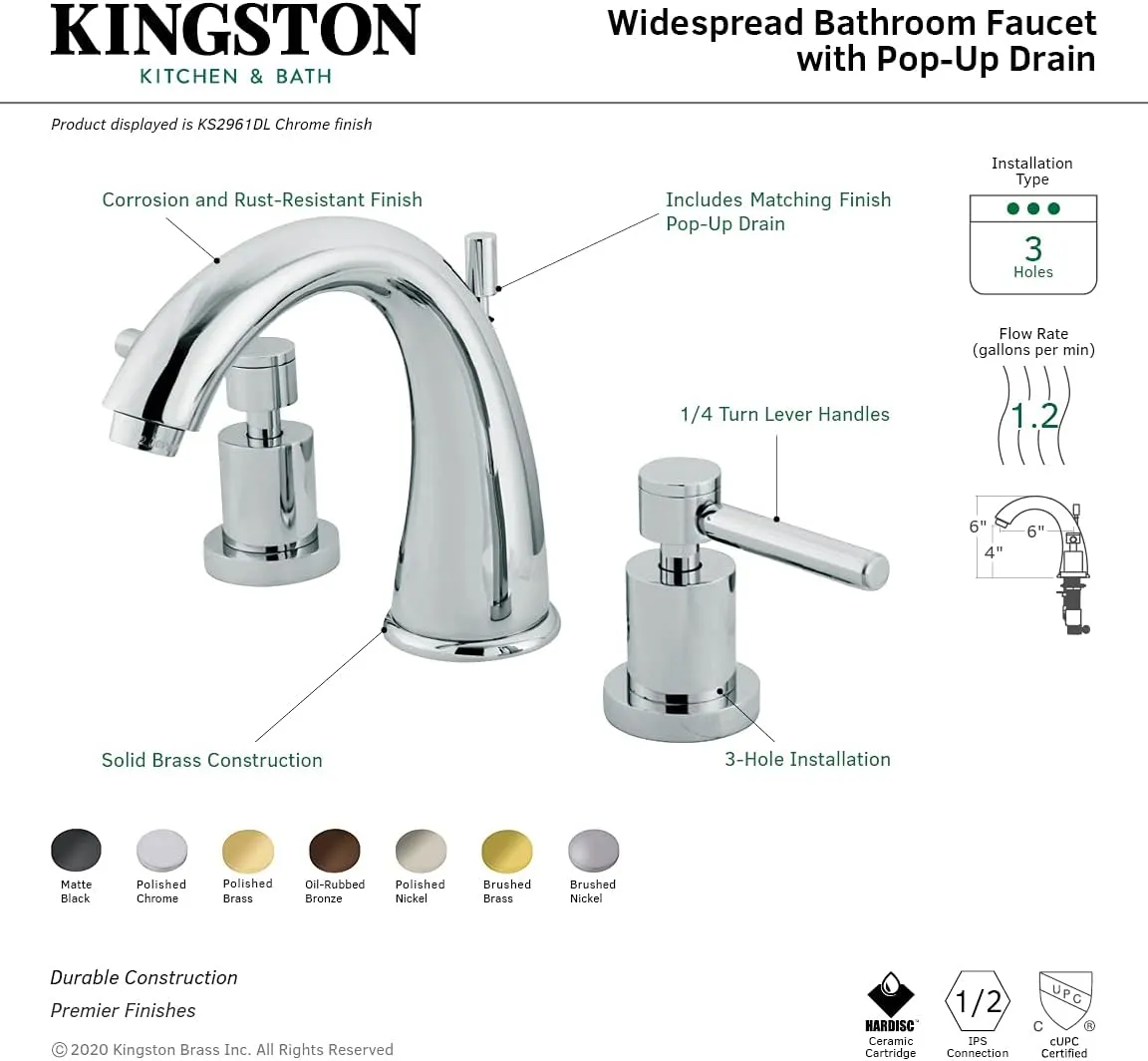 Kingston Brass KS2968DL Concord Widespread Bathroom Faucet, 8-Inch Adjustable Center, Brushed Nickel