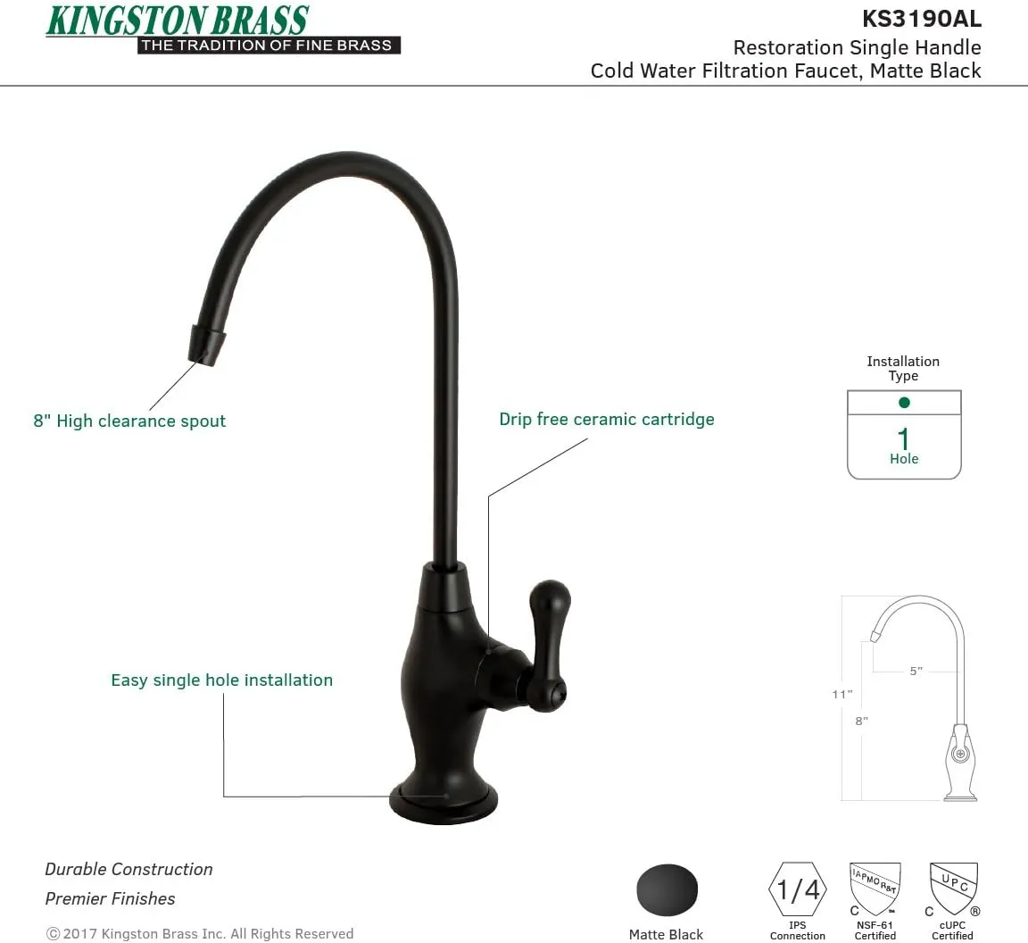 Kingston Brass KS3190AL Ks3190Al Restoration 1/4 Turn Water Filtration Faucet, 4-5/8" In Spout Reach, Matte Black