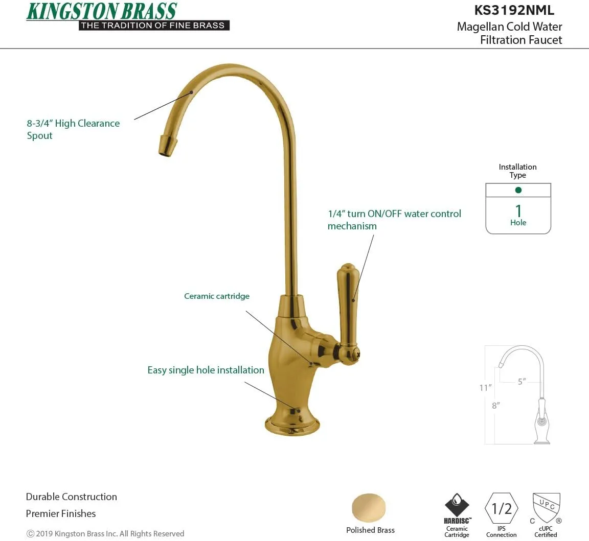 Kingston Brass KS3192NML Magellan Water Filtration Faucet, 4-5/8", Polished Brass