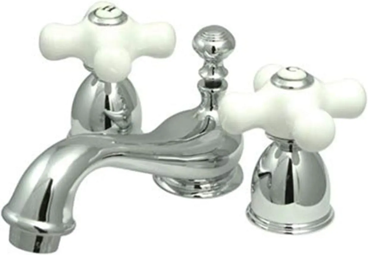 Kingston Brass KS3951PX Restoration Mini Widespread Lavatory Faucet with Porcelain Cross Handle, Polished Chrome,4-Inch Adjustable Center
