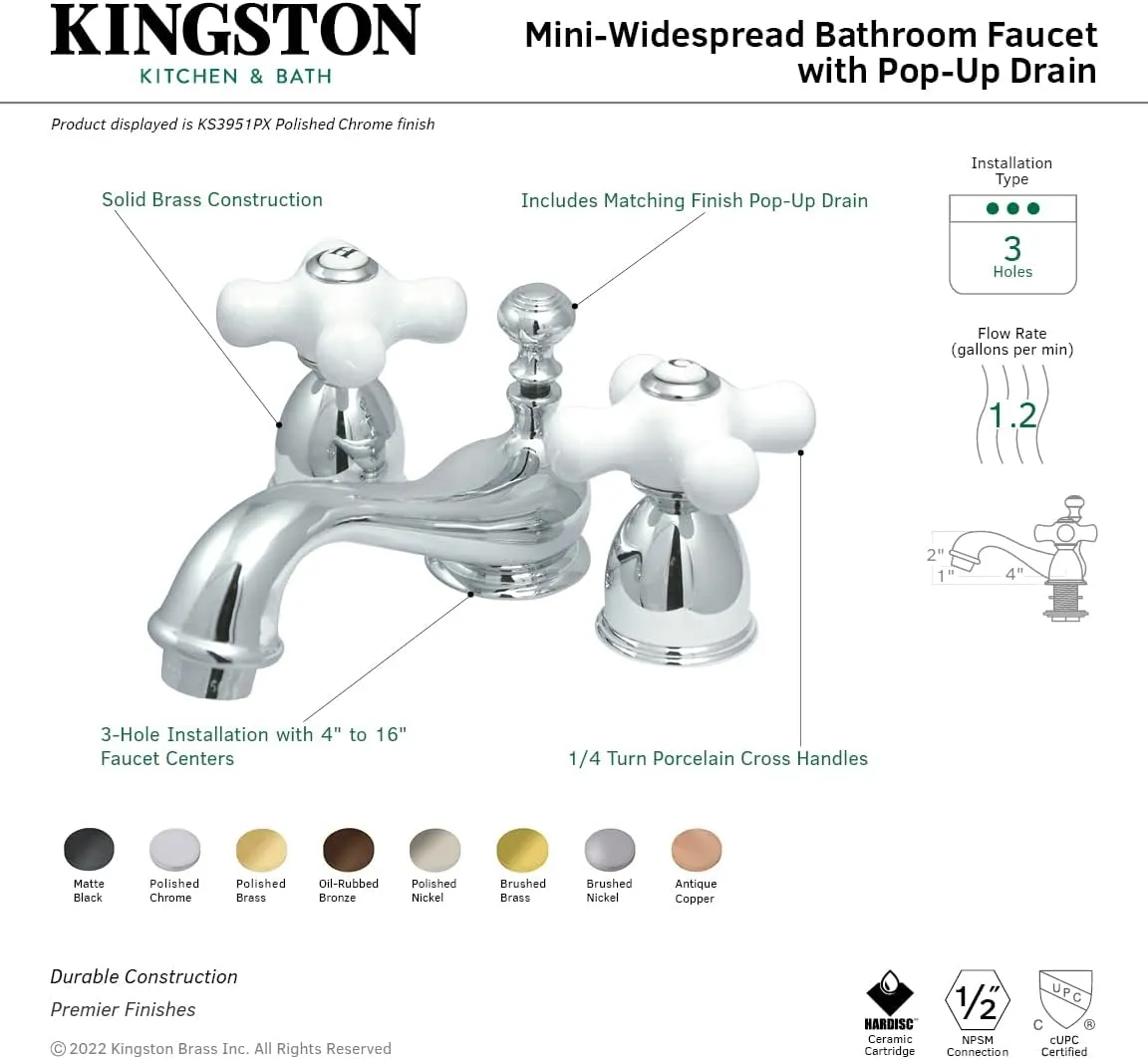 Kingston Brass KS3958PX Restoration Mini Widespread Lavatory Faucet with Porcelain Cross Handle, Satin Nickel, 4-Inch Adjustable Center