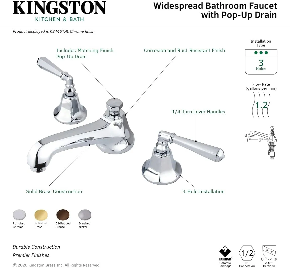 Kingston Brass KS4461HL Metropolitan 8-Inch Widespread Lavatory Faucet, Polished Chrome