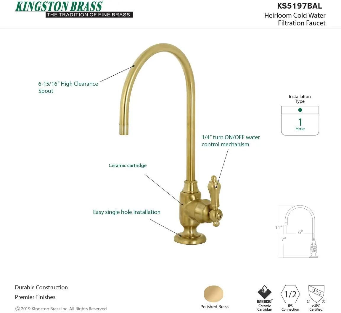 Kingston Brass KS5197BAL Heirloom Single-Handle Water Filtration Faucet, Brushed Brass, 11.13 x 6.94 x 5.81