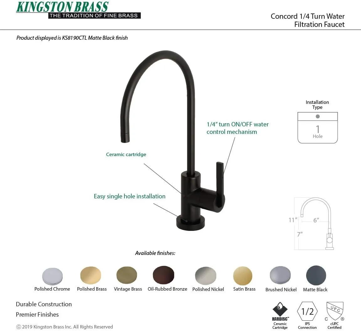 Kingston Brass KS8190CTL Continental Water Filtration Faucet, 5-7/8" in Spout Reach, Matte Black