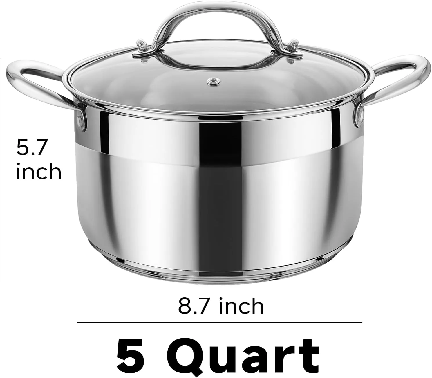 Kirecoo Stainless Steel Stock Pot - 5 Quart Heavy Duty Induction Cooking Pot with Visible Lid for Pasta, Soup, Spaghetti, Nonstick Thick Bottom Big Stockpot, Deep Cookware for Canning, Boiling, Simmer