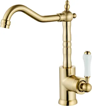 Kitchen Faucet Brushed Gold Kitchen Sink Faucet Single Handle Single Hole Wet Bar Mixer Faucet with 360° Swivel Long Curve Spout High Arc Bathroom Farmhouse Taps Brass
