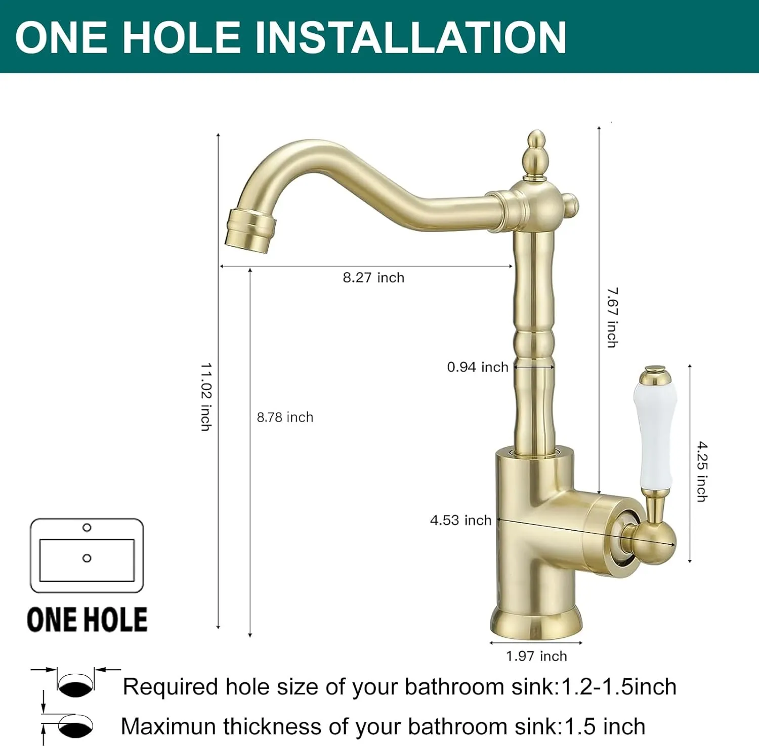 Kitchen Faucet Brushed Gold Kitchen Sink Faucet Single Handle Single Hole Wet Bar Mixer Faucet with 360° Swivel Long Curve Spout High Arc Bathroom Farmhouse Taps Brass