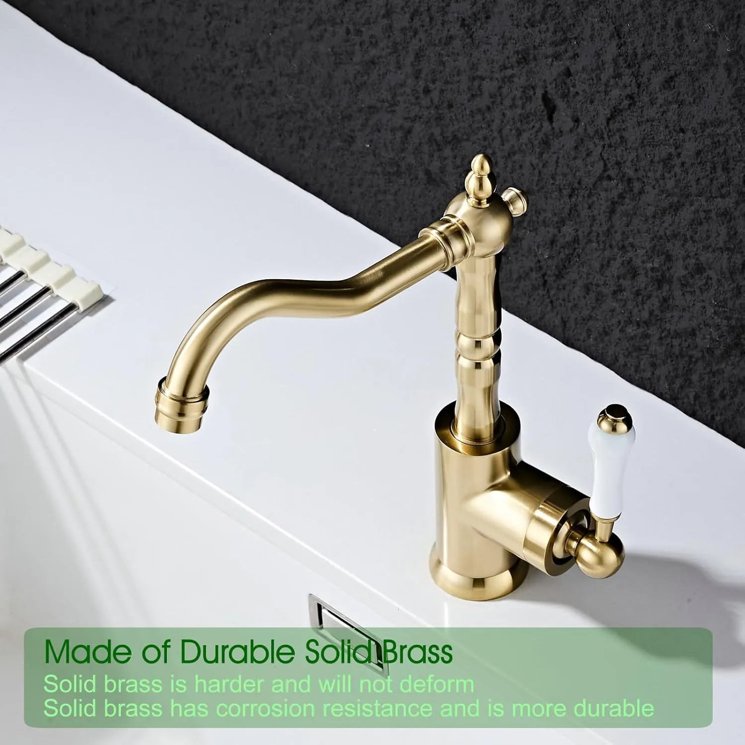 Kitchen Faucet Brushed Gold Kitchen Sink Faucet Single Handle Single Hole Wet Bar Mixer Faucet with 360° Swivel Long Curve Spout High Arc Bathroom Farmhouse Taps Brass
