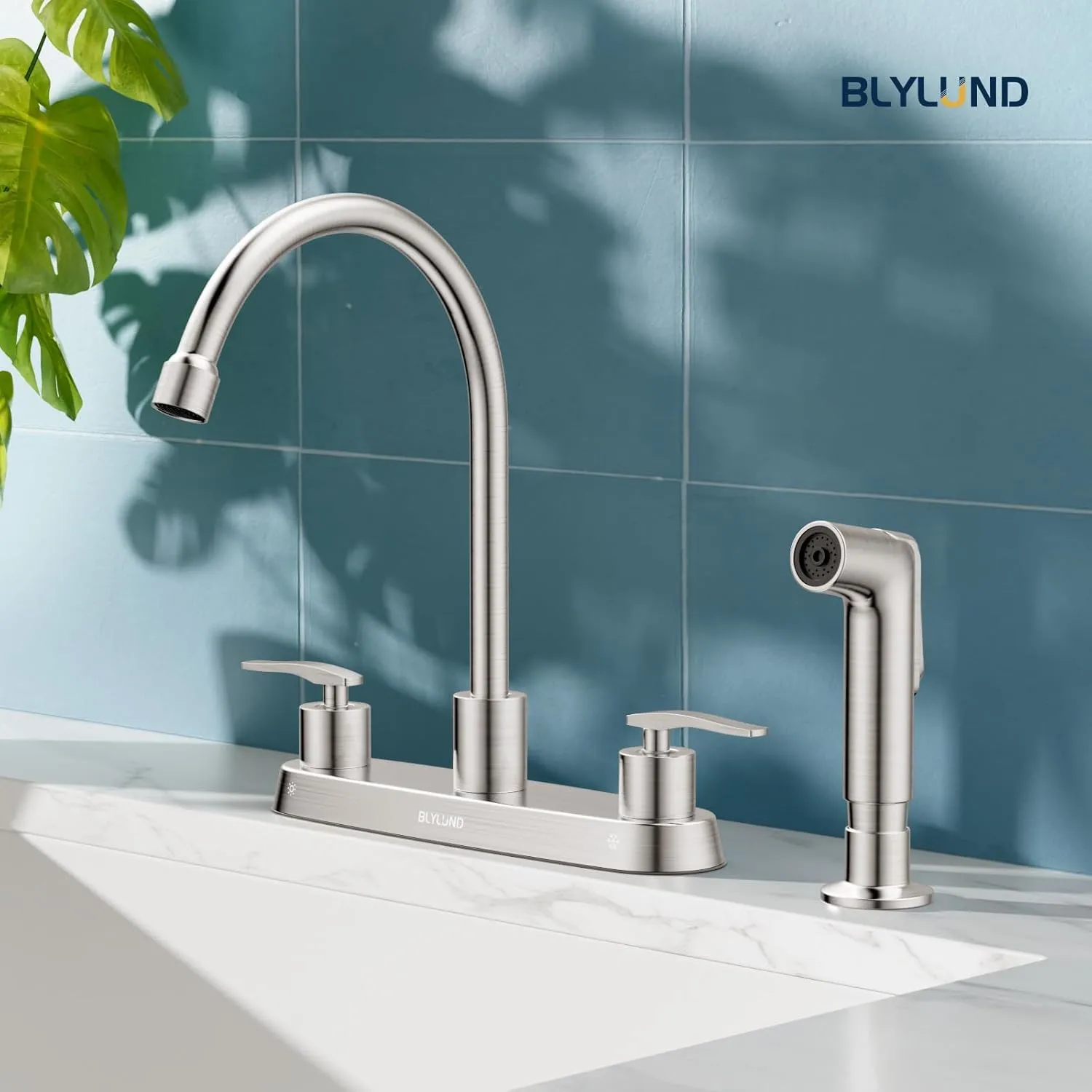 Kitchen Faucet with Side Sprayer, Brushed Nickel High Arc 8 Inch Centerset 2 Handles Stainless Steel Kitchen Sink Faucets for 4 Holes, Commercial RV Laundry Utility Kitchen Faucet