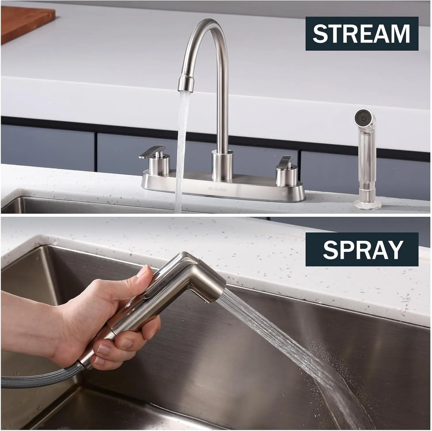 Kitchen Faucet with Side Sprayer, Brushed Nickel High Arc 8 Inch Centerset 2 Handles Stainless Steel Kitchen Sink Faucets for 4 Holes, Commercial RV Laundry Utility Kitchen Faucet