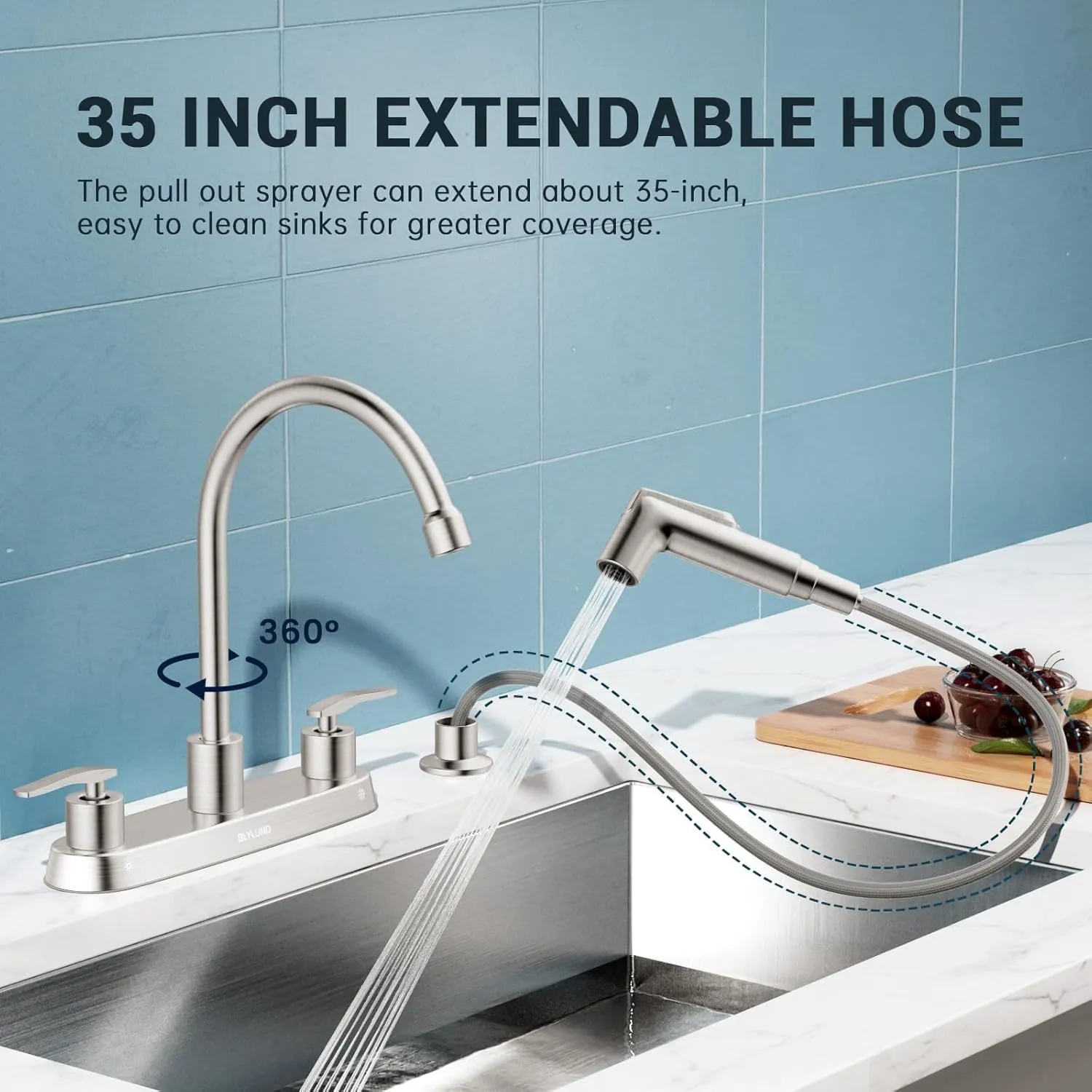 Kitchen Faucet with Side Sprayer, Brushed Nickel High Arc 8 Inch Centerset 2 Handles Stainless Steel Kitchen Sink Faucets for 4 Holes, Commercial RV Laundry Utility Kitchen Faucet