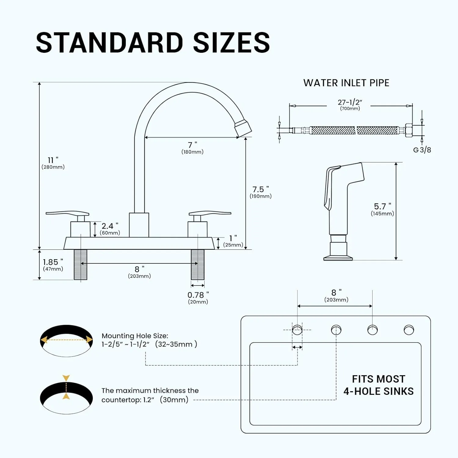 Kitchen Faucet with Side Sprayer, Brushed Nickel High Arc 8 Inch Centerset 2 Handles Stainless Steel Kitchen Sink Faucets for 4 Holes, Commercial RV Laundry Utility Kitchen Faucet