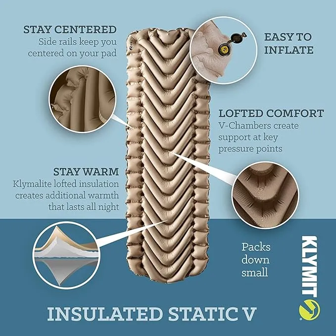 Klymit Drift Shredded Memory Foam Camping Pillow and Insulated Static V Inflatable Sleeping Pad Bundle for Outdoor Use
