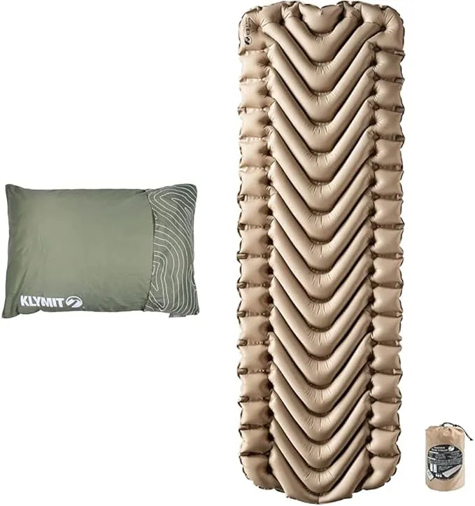 Klymit Drift Shredded Memory Foam Camping Pillow and Insulated Static V Inflatable Sleeping Pad Bundle for Outdoor Use