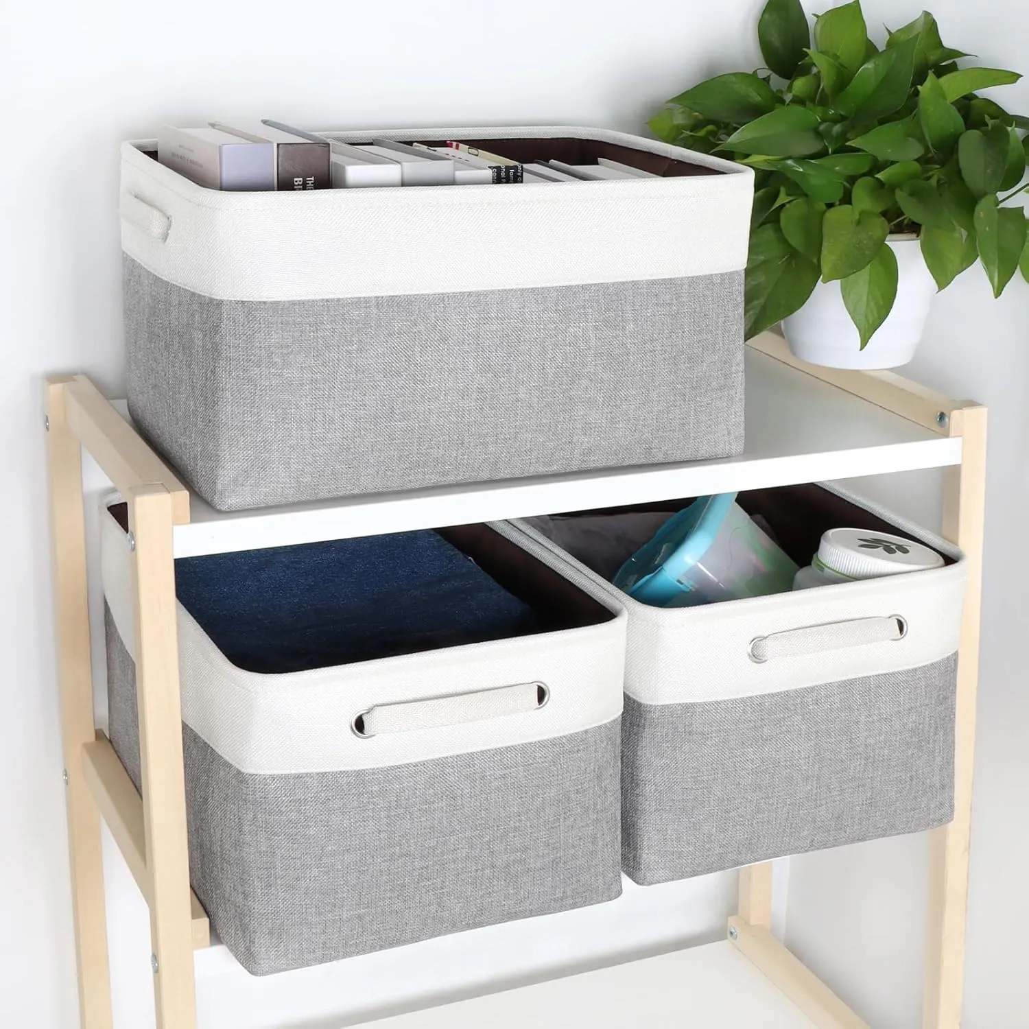 Kntiwiwo Large Fabric Foldable Storage Bin 17" x 11.8" x 9.8" Storage Baskets with Handle Large Cube Storage boxes for Closet, Shelves, Home, Set of 3, Grey