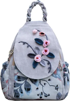 Ladies small backpack wallet, beautiful flowers summer fashion canvas leisure day ladies mini backpack, Beige