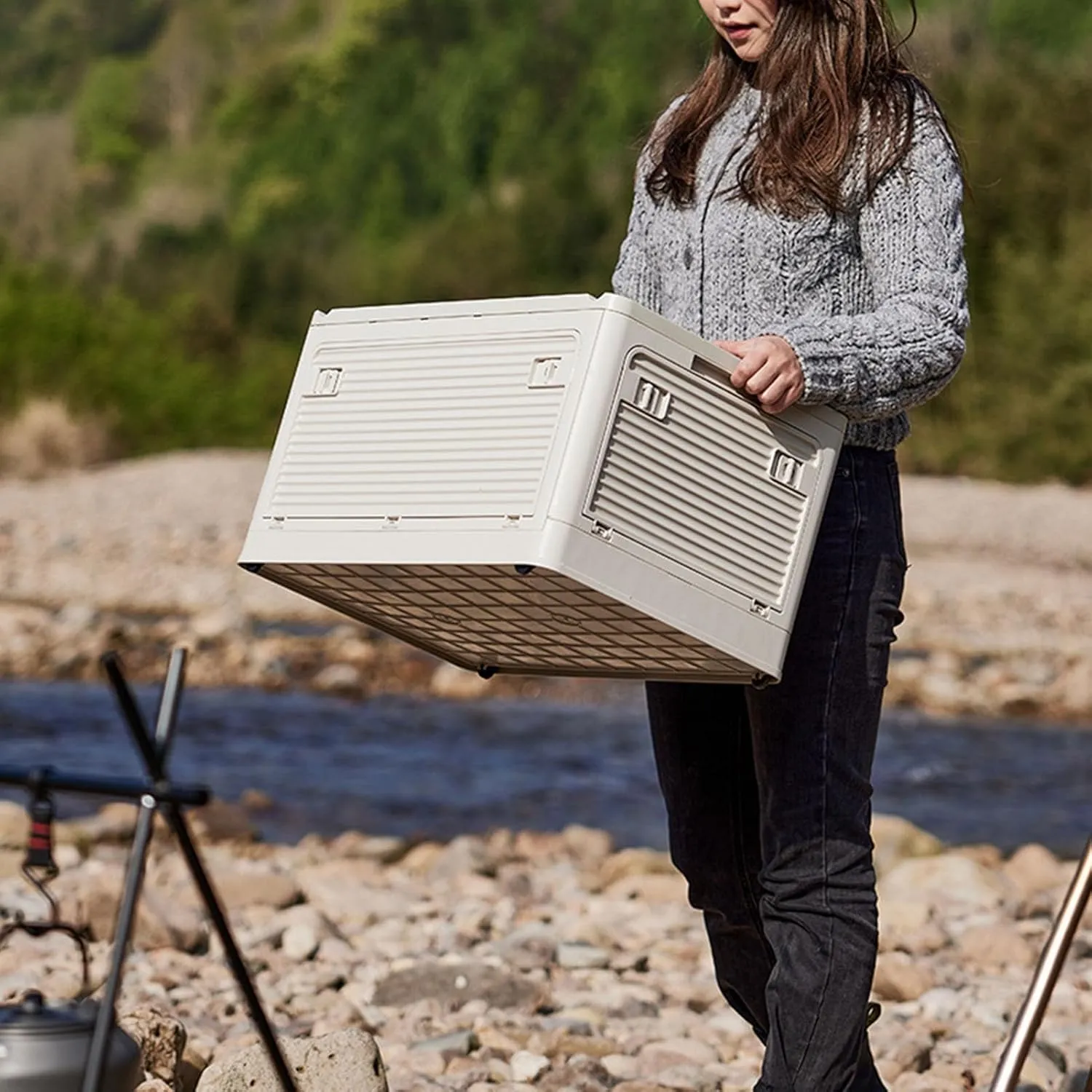 Large Capacity Folding Storage Box, 36L Waterproof Portable Plastic Bin for Outdoor Camping, Multifunctional and Easy to Carry(Khaki)