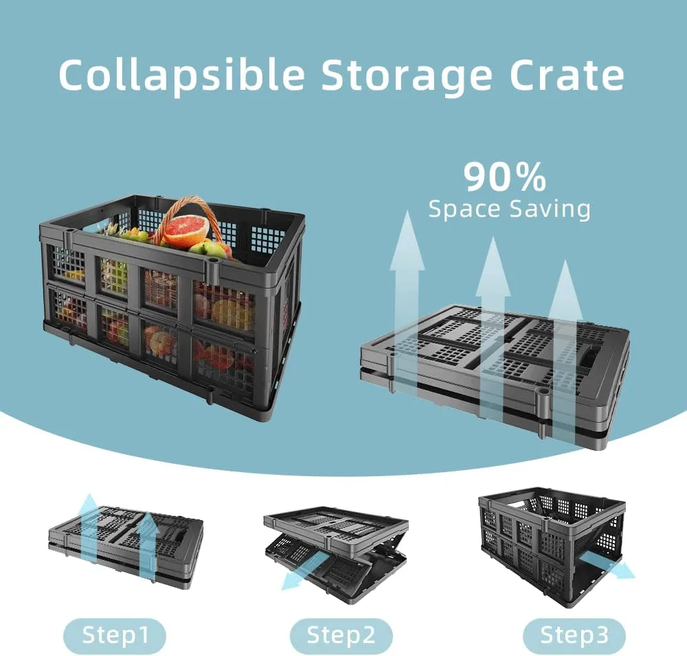 Large Collapsible Storage Crates | Stackable Storage Baskets | Plastic Folding Crates with Handles | Foldable Crate That Can Replace Shopping Cart.Black