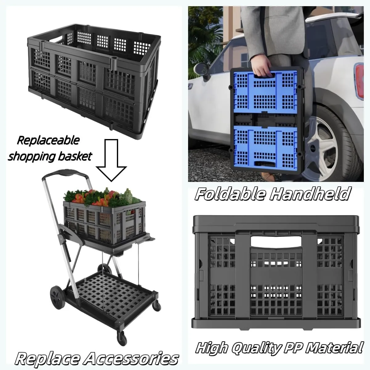 Large Collapsible Storage Crates | Stackable Storage Baskets | Plastic Folding Crates with Handles | Foldable Crate That Can Replace Shopping Cart.Black