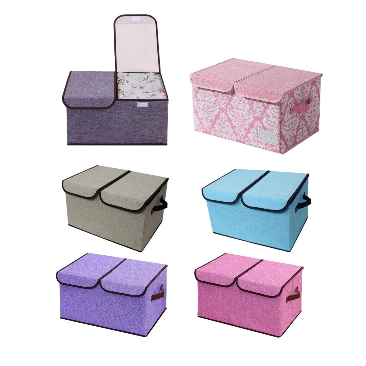 Large Foldable Cotton Linen Double Lid Storage Box Clothing Organizer for Dormitory
