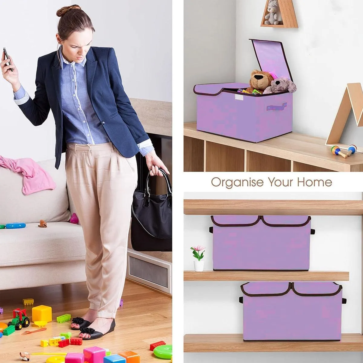 Large Foldable Cotton Linen Double Lid Storage Box Clothing Organizer for Dormitory
