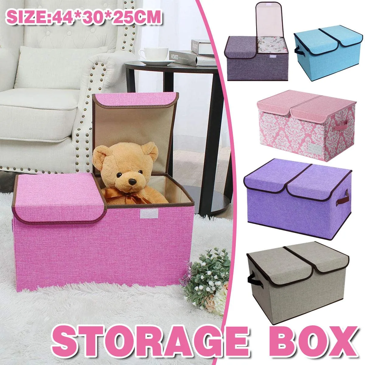 Large Foldable Cotton Linen Double Lid Storage Box Clothing Organizer for Dormitory