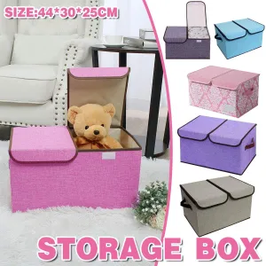 Large Foldable Cotton Linen Double Lid Storage Box Clothing Organizer for Dormitory