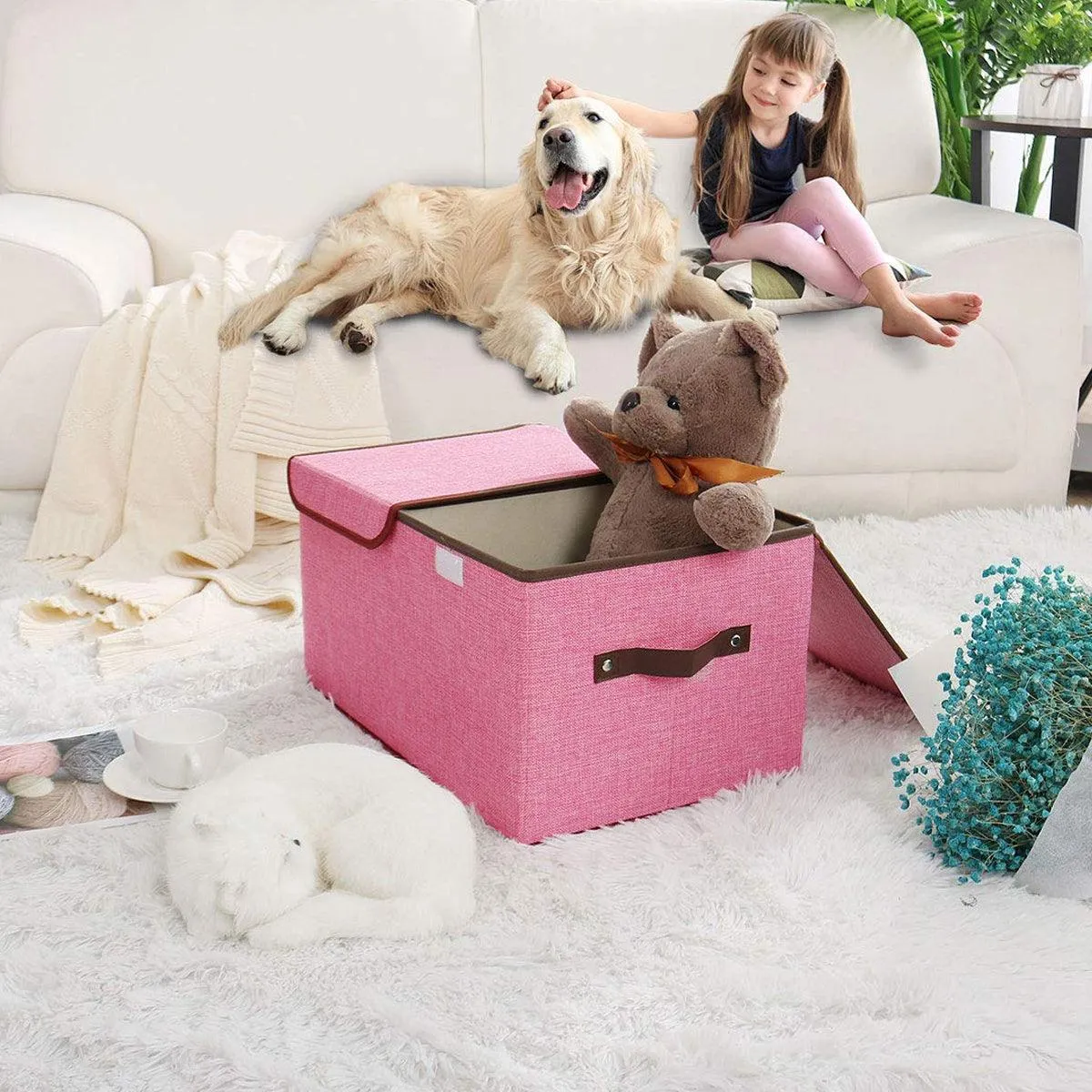 Large Foldable Cotton Linen Double Lid Storage Box Clothing Organizer for Dormitory