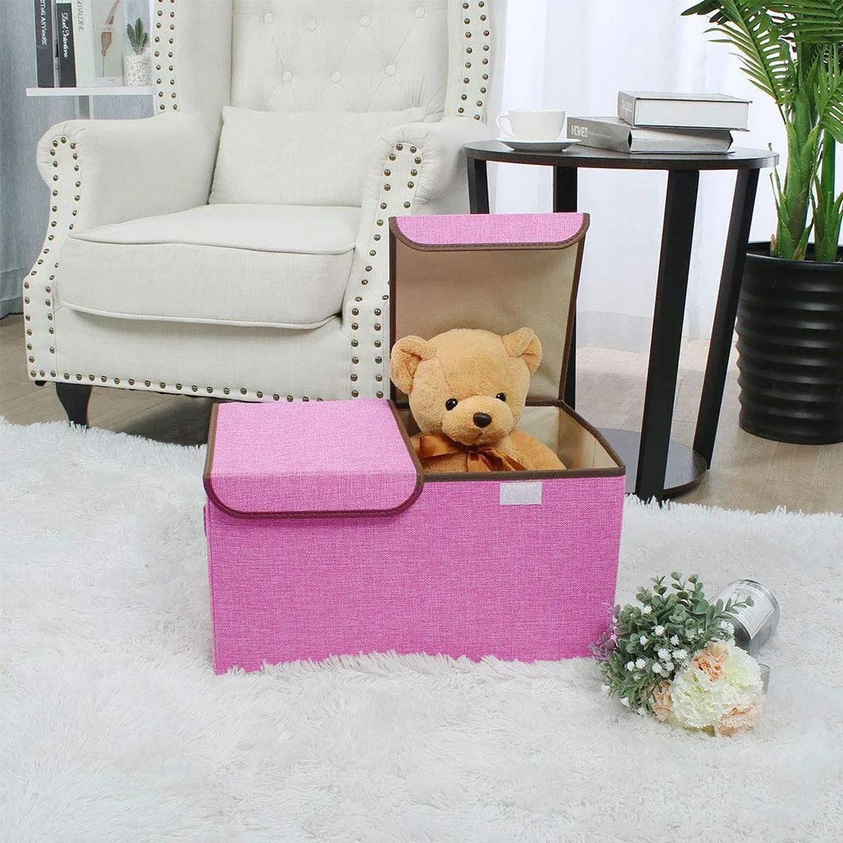 Large Foldable Cotton Linen Double Lid Storage Box Clothing Organizer for Dormitory