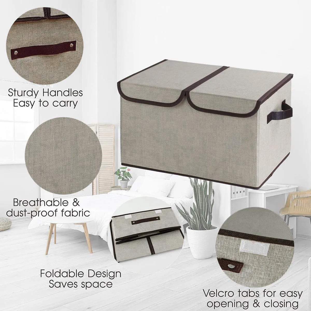 Large Foldable Cotton Linen Double Lid Storage Box Clothing Organizer for Dormitory
