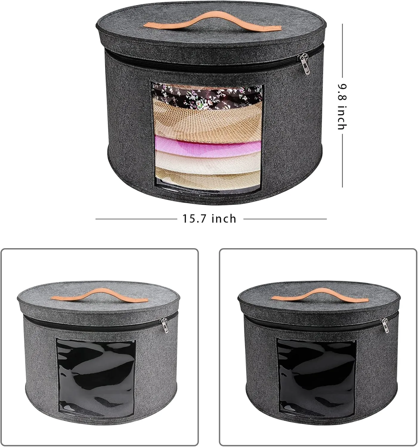 Large Hat Storage Box for Women & Men, 16" D x 10" H Hat Box Organizer，Foldable Round Travel Hat Boxes with Dustproof Lid, Stuffed Toy Storage Bin Bag (Dark Gray)