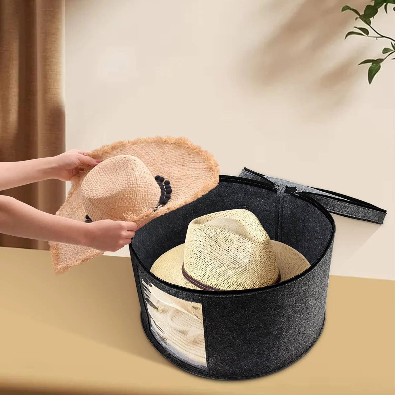 Large Hat Storage Box for Women & Men, 16" D x 10" H Hat Box Organizer，Foldable Round Travel Hat Boxes with Dustproof Lid, Stuffed Toy Storage Bin Bag (Dark Gray)