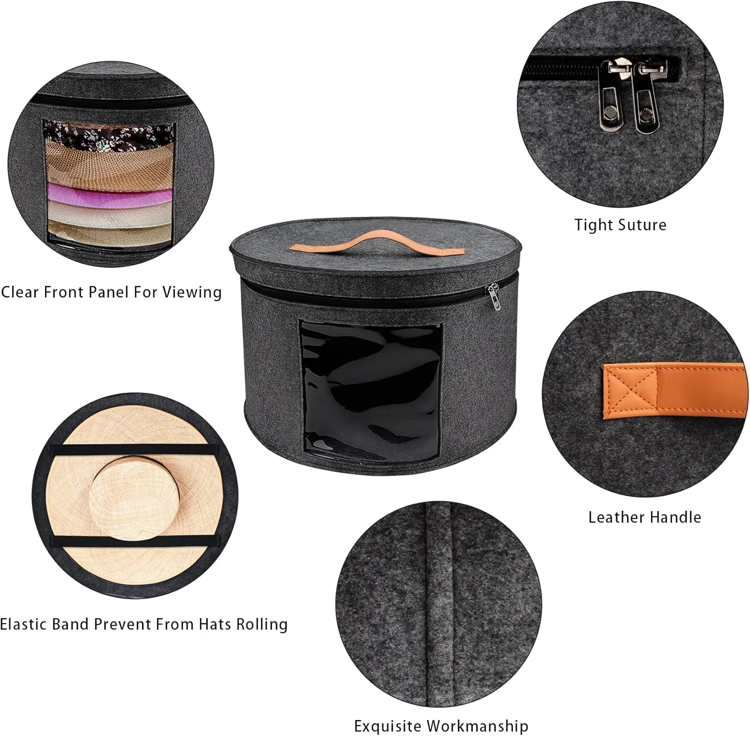 Large Hat Storage Box for Women & Men, 16" D x 10" H Hat Box Organizer，Foldable Round Travel Hat Boxes with Dustproof Lid, Stuffed Toy Storage Bin Bag (Dark Gray)