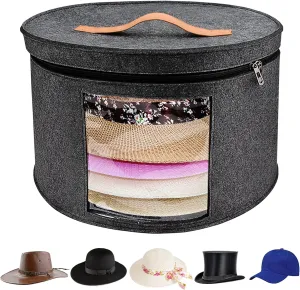 Large Hat Storage Box for Women & Men, 16" D x 10" H Hat Box Organizer，Foldable Round Travel Hat Boxes with Dustproof Lid, Stuffed Toy Storage Bin Bag (Dark Gray)